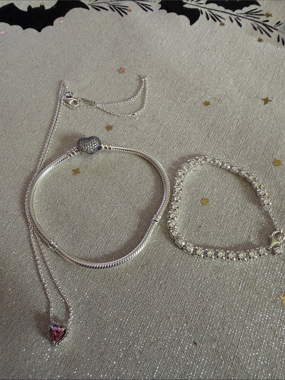 Pandora Silver Heart Charm Bracelet and Pink Heart Pendant Necklace Set